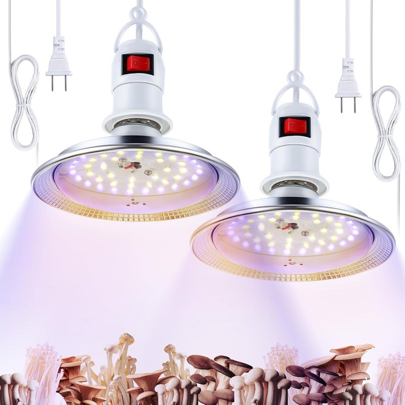 Meonum عبوة 2 من أضواء LED لنمو الفطر مع طيف فريد لمصباح نمو الفطر مع سلك تمديد بطول 4.9 قدم لمبات ضوء معلقة مع LEDs بيضاء وزرقاء للنباتات الداخلية - Image 1